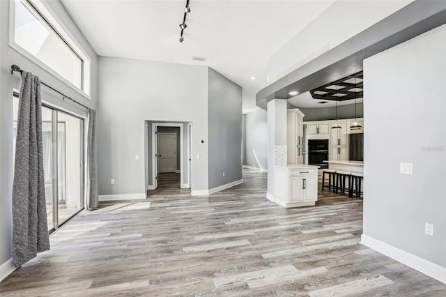 unfurnished living room featuring light hardwood / wood-style floors and rail lighting