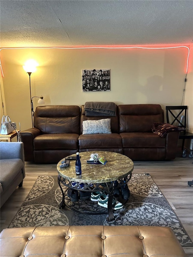 living area featuring a textured ceiling and wood finished floors