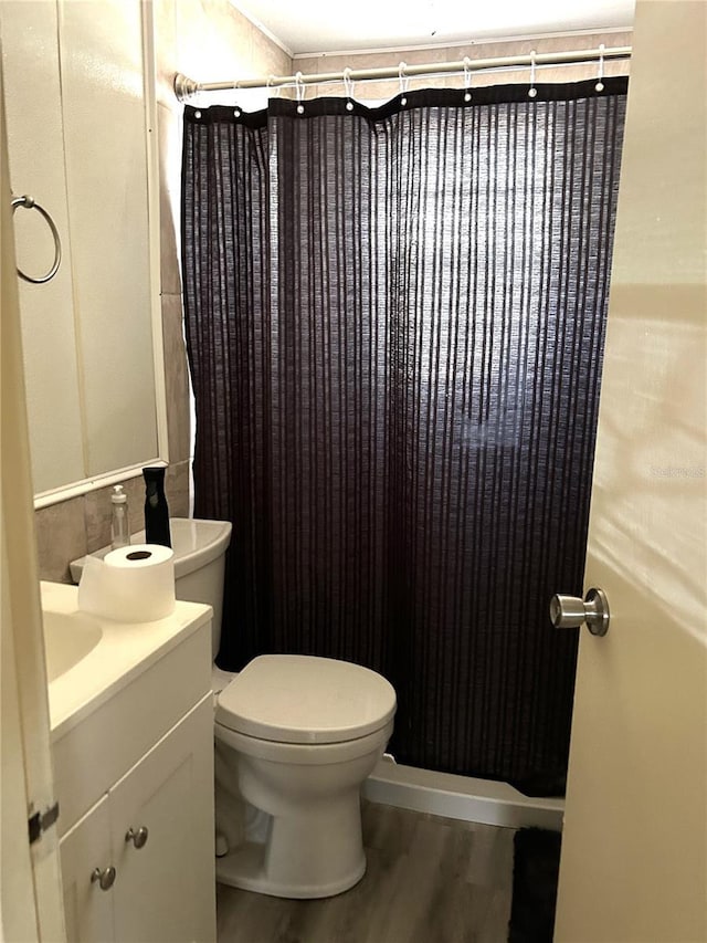 bathroom featuring vanity, toilet, and wood finished floors