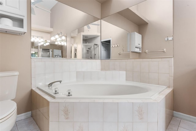 bathroom with toilet, independent shower and bath, and tile patterned flooring