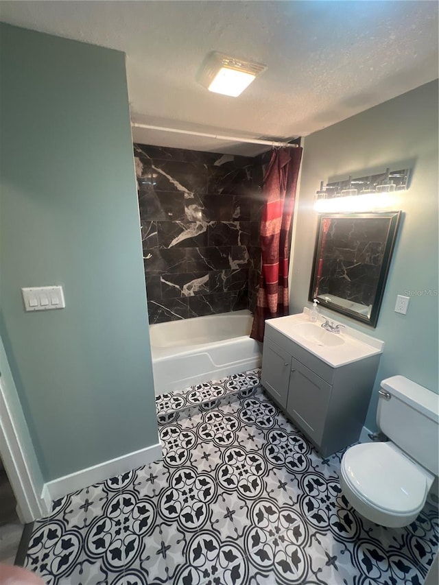 full bathroom with vanity, shower / bathtub combination with curtain, tile patterned floors, and toilet