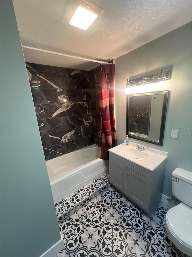 full bathroom with toilet, a textured ceiling, vanity, shower / bath combination with curtain, and tile patterned flooring