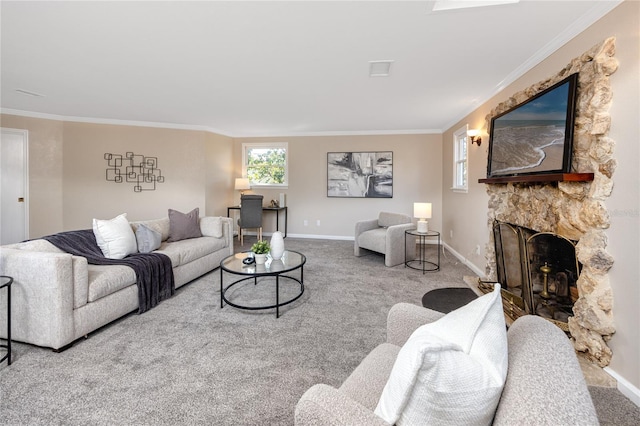 living room featuring crown molding, carpet floors, and a stone fireplace