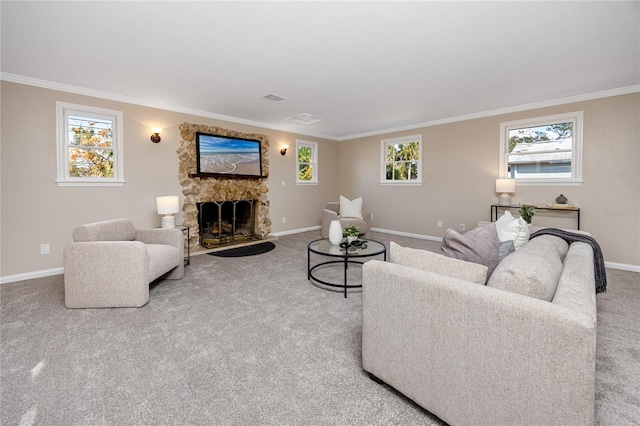 carpeted living room with a fireplace and ornamental molding