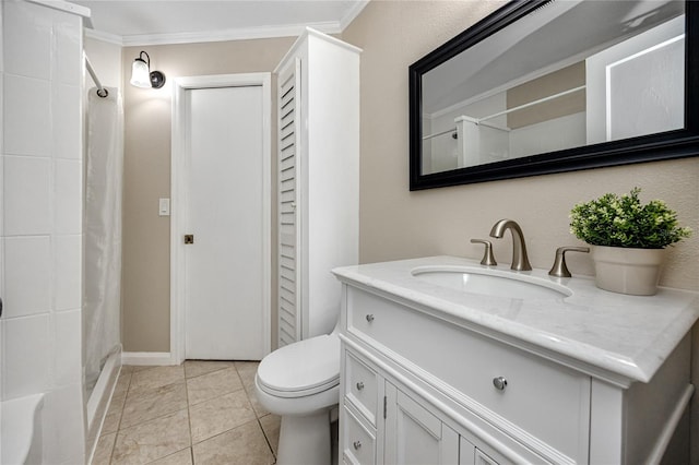 bathroom featuring walk in shower, toilet, ornamental molding, vanity, and tile patterned flooring