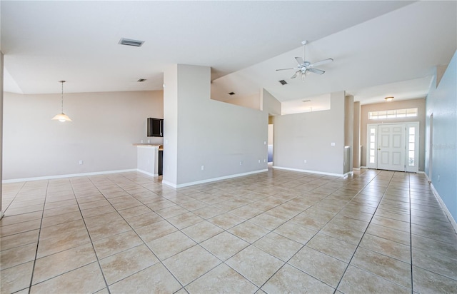 interior space with high vaulted ceiling and ceiling fan