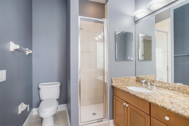 full bathroom featuring tile patterned flooring, a shower stall, vanity, and toilet