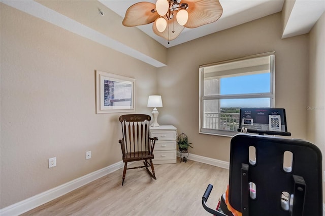 office area featuring ceiling fan and light wood-type flooring