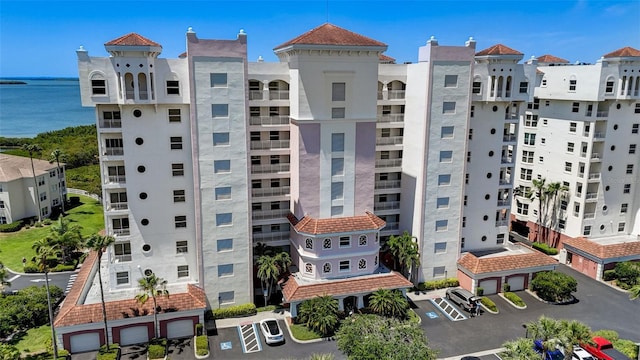 view of building exterior with a water view