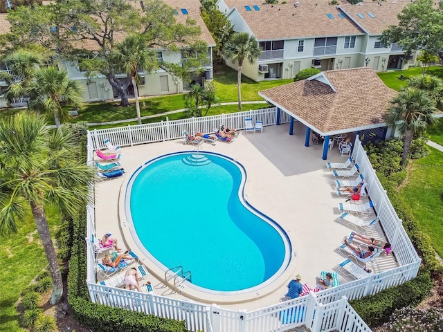 view of swimming pool featuring a gazebo and a patio area