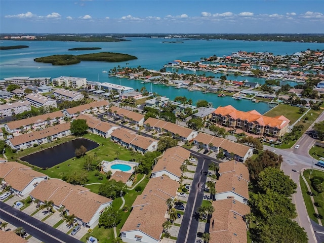 aerial view featuring a water view