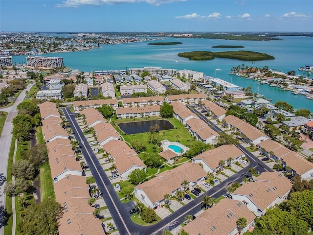 birds eye view of property featuring a water view