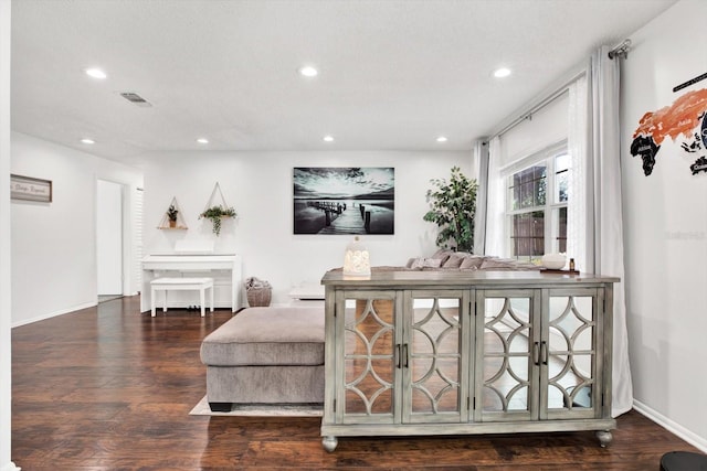 living room featuring dark wood-type flooring