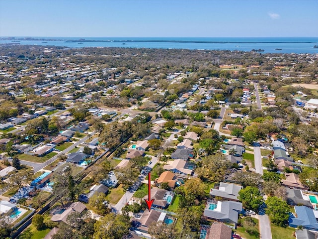 aerial view featuring a residential view and a water view