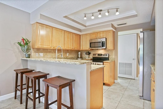 kitchen featuring a raised ceiling, appliances with stainless steel finishes, light stone counters, and kitchen peninsula