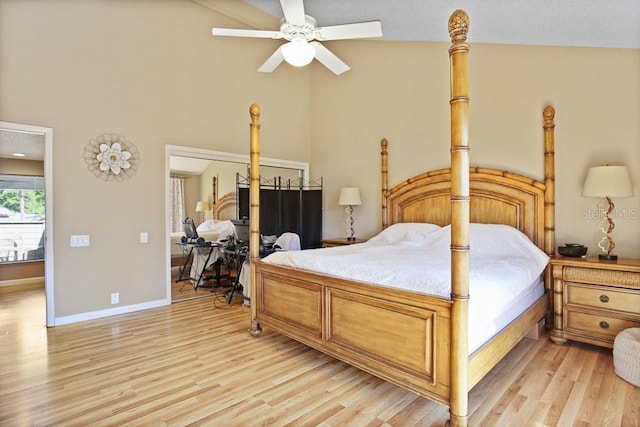 bedroom featuring ceiling fan and light wood-type flooring