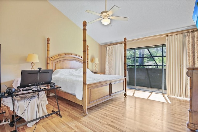 bedroom with vaulted ceiling, access to exterior, ceiling fan, and light hardwood / wood-style flooring