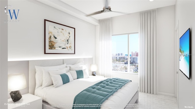 bedroom featuring ceiling fan and multiple windows