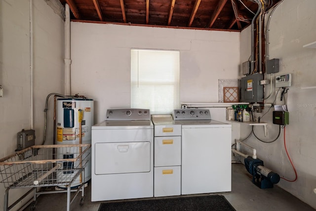 laundry room with water heater, electric panel, and washer and clothes dryer