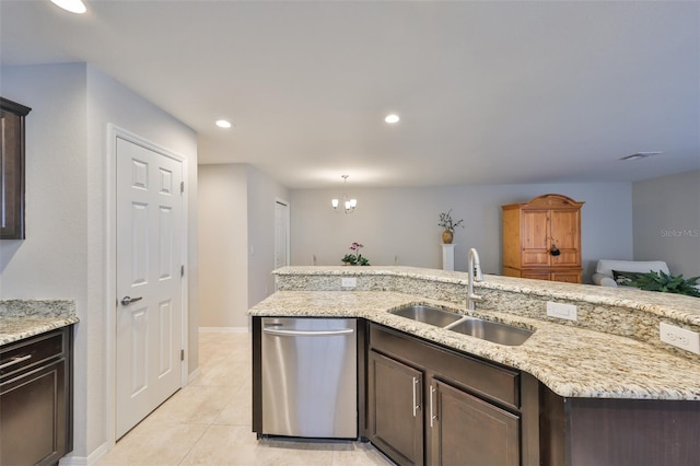 kitchen with dark brown cabinetry, sink, light stone countertops, and dishwasher