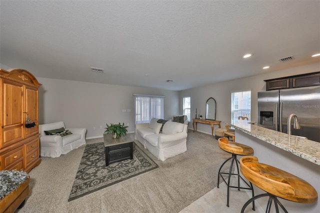 carpeted living room featuring sink and a textured ceiling