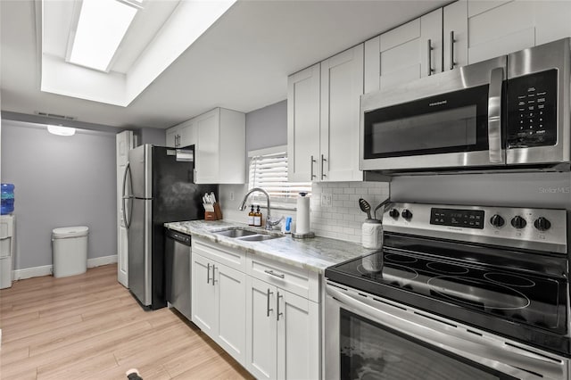 kitchen with white cabinetry, sink, light hardwood / wood-style floors, and appliances with stainless steel finishes