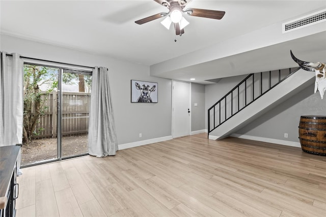 unfurnished living room with ceiling fan and light hardwood / wood-style floors