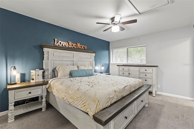 carpeted bedroom featuring ceiling fan