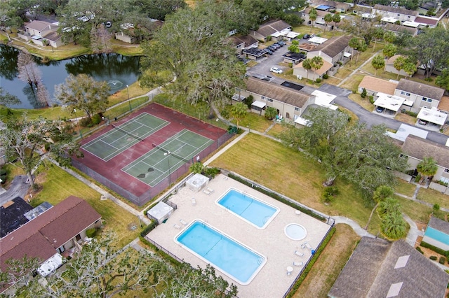 drone / aerial view featuring a water view