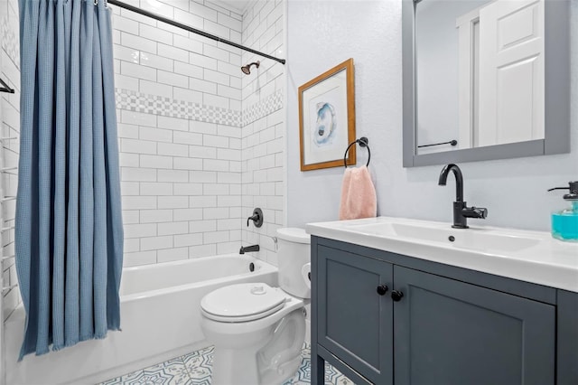 full bathroom featuring shower / bath combination with curtain, vanity, and toilet