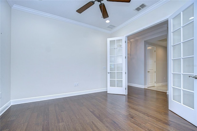 empty room with french doors, ceiling fan, dark hardwood / wood-style floors, and crown molding