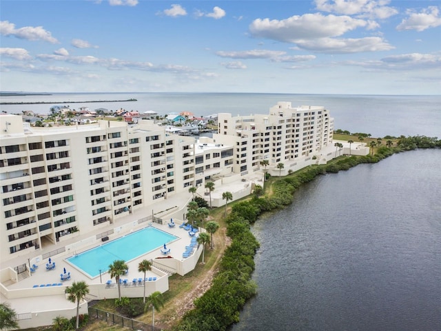 birds eye view of property featuring a water view