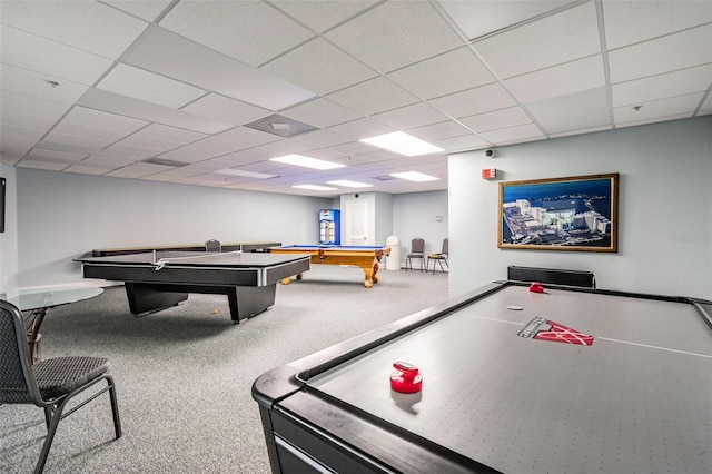 playroom featuring a paneled ceiling, pool table, and carpet floors