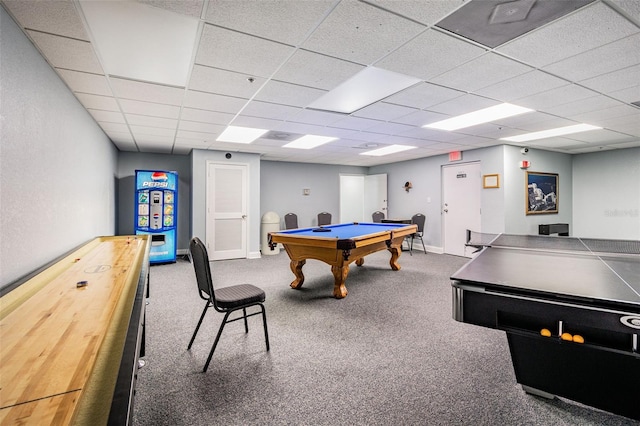 game room with carpet, a paneled ceiling, and pool table