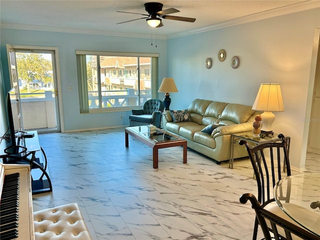 living room featuring a textured ceiling, ornamental molding, and ceiling fan