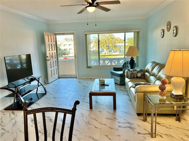 living room with ceiling fan and ornamental molding