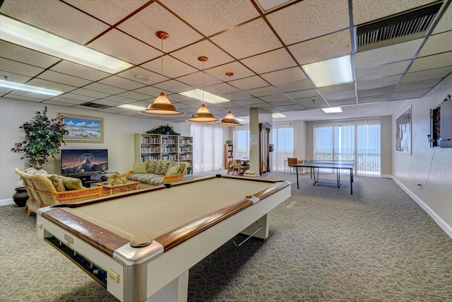 rec room with pool table, a paneled ceiling, and carpet