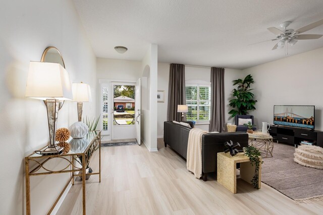 living room featuring light hardwood / wood-style floors and ceiling fan