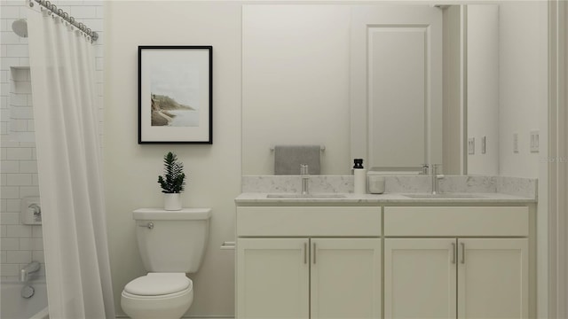 full bathroom featuring vanity, toilet, and shower / bathtub combination with curtain