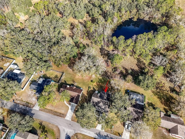 bird's eye view with a water view