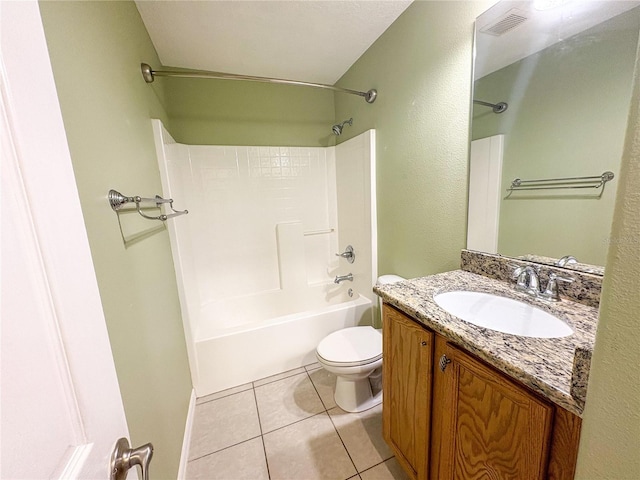 full bathroom featuring tile patterned flooring, vanity,  shower combination, and toilet