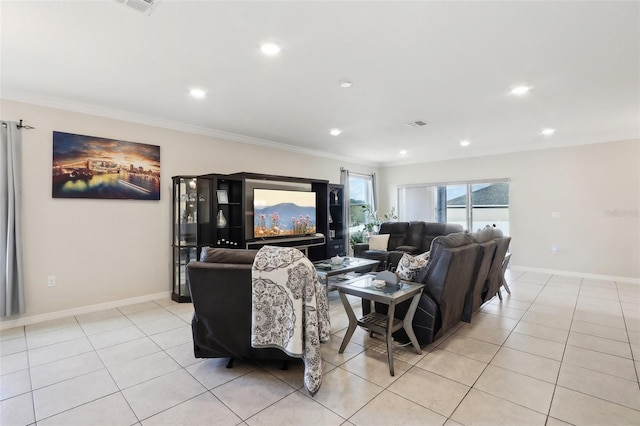 tiled living room featuring ornamental molding