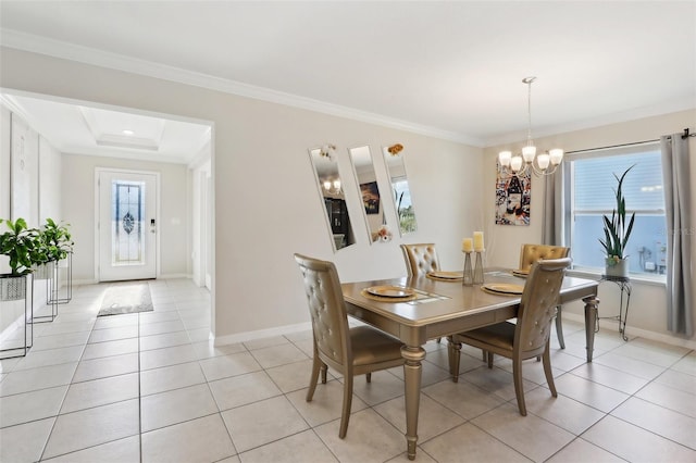 tiled dining space with ornamental molding and a notable chandelier