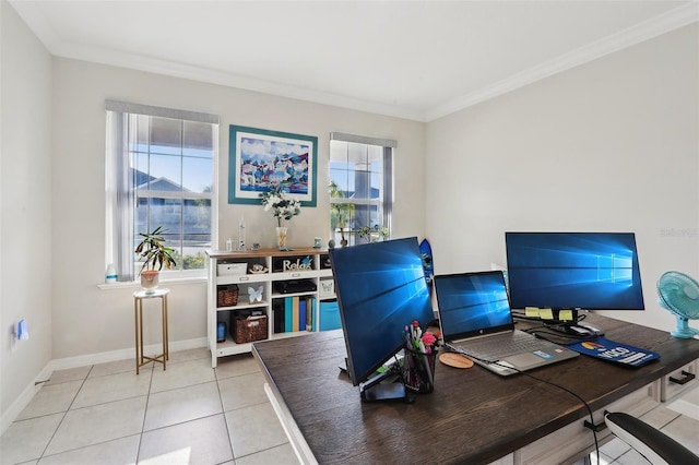 office with tile patterned floors and ornamental molding