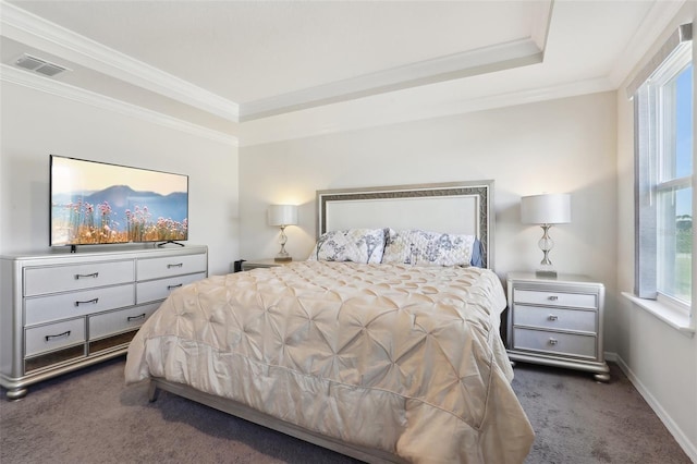 carpeted bedroom with multiple windows and ornamental molding