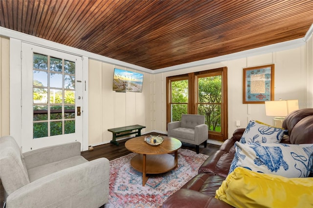 living room featuring dark wood-type flooring and wooden ceiling