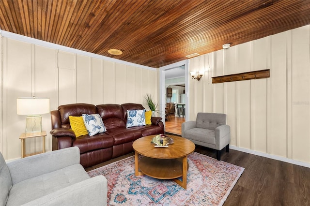 living room with dark wood-type flooring and wooden ceiling