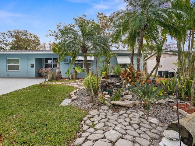 single story home with a front lawn and stucco siding