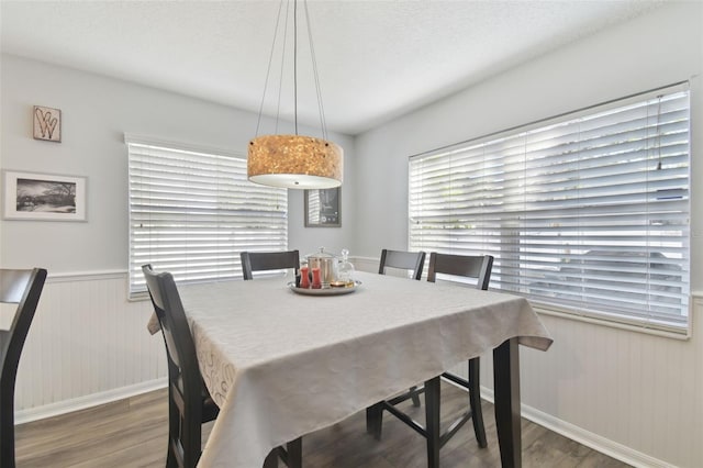 dining room with dark wood-type flooring and a textured ceiling