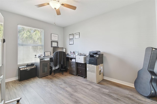 office space with ceiling fan and light hardwood / wood-style flooring